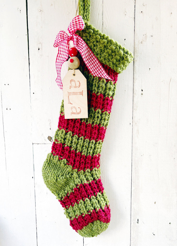 Personalized Knit Christmas Stocking - Green Red Stripes