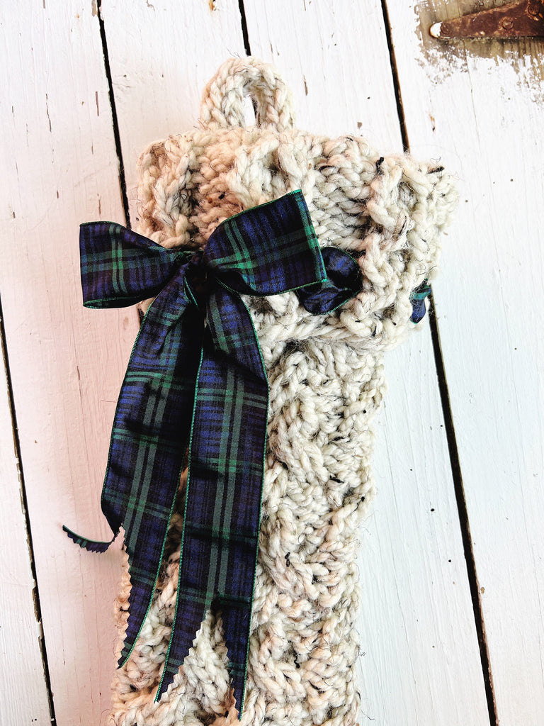 Cable Knit Stocking with Tartan Bow for Christmas