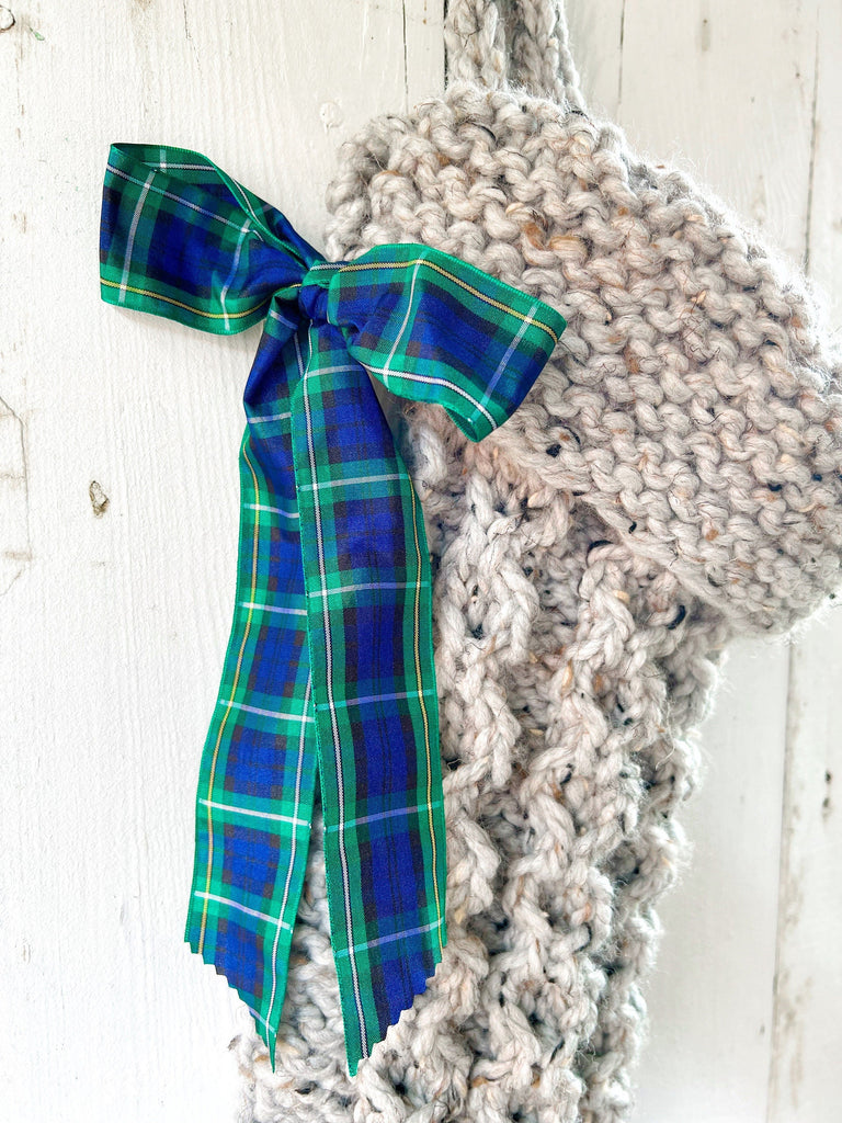 Cable Knit Christmas Stocking with Large Tartan Bow