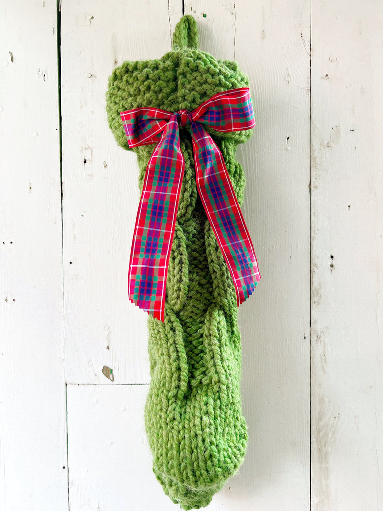 Personalized Green Cable Knit Stocking - Large Tartan Bows