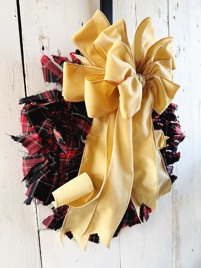 VELVET BOW - Blue  Red Tartan Plaid Rag Christmas Wreath 