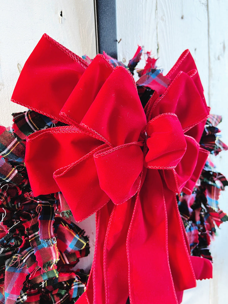 Red Multi Tartan Rag Wreath - Festive Christmas Decor