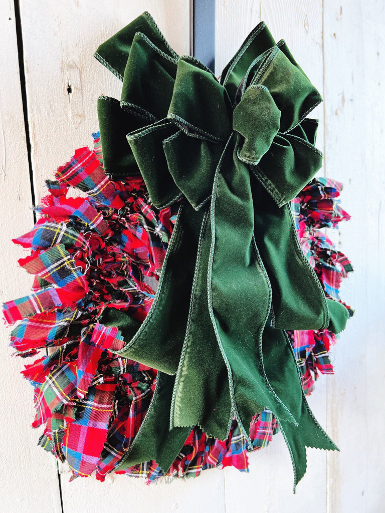 Rag Wreath - VELVET BOW - Red Multi Tartan Rag Wreath