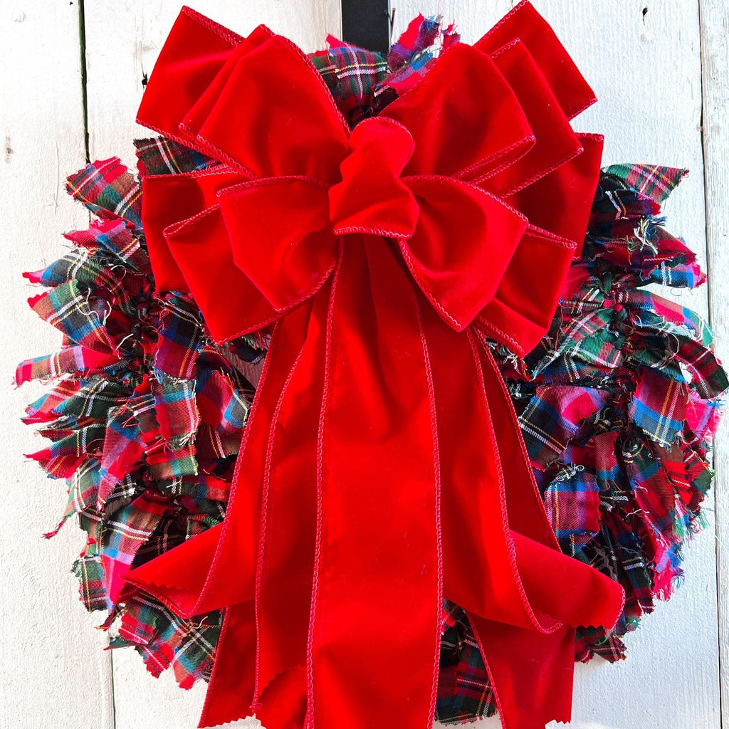 Rag Wreath - VELVET BOW - Red Multi Tartan Rag Wreath