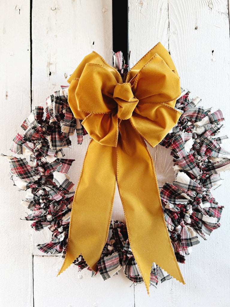 Rag Wreath - VELVET BOW - 12" Stewart Dress Tartan Wreath