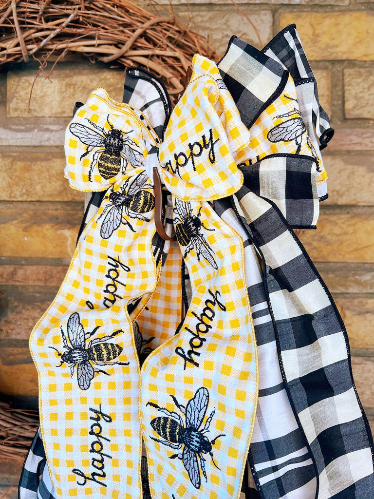 Oversized Bee Plaid Spring Wreath Bow 