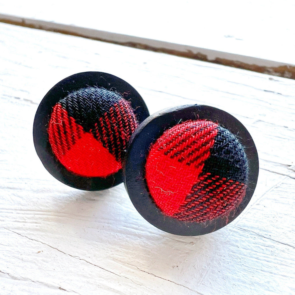 Earring Studs - Buffalo Plaid Wooden Bezel Studs