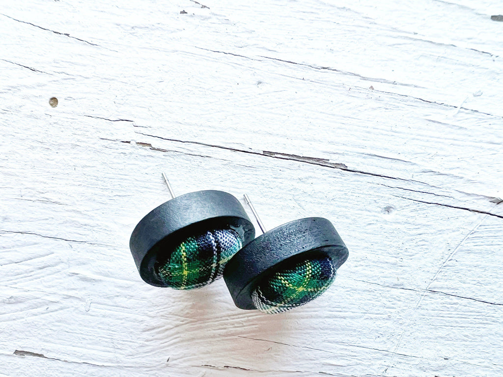 Earring Studs - Gordon Wooden Bezel Plaid Tiny Set