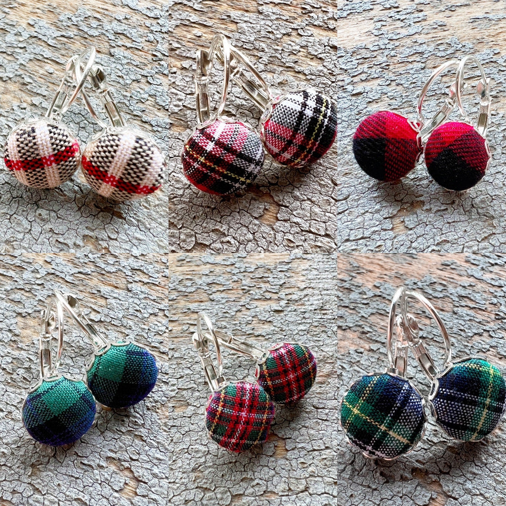 Tartan Plaid Scallop Bezel Lever Back Earrings 