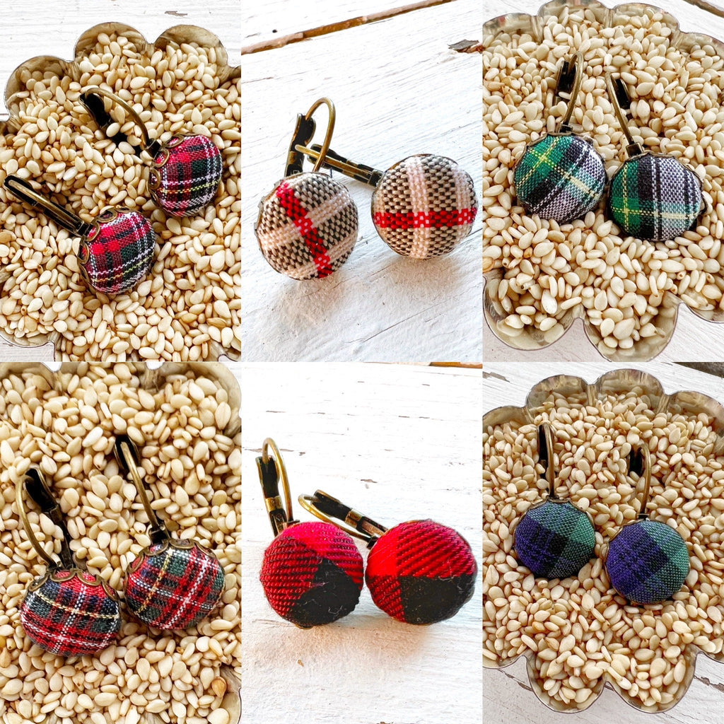 Tartan Plaid Lever Back Earrings With Scalloped Bezel