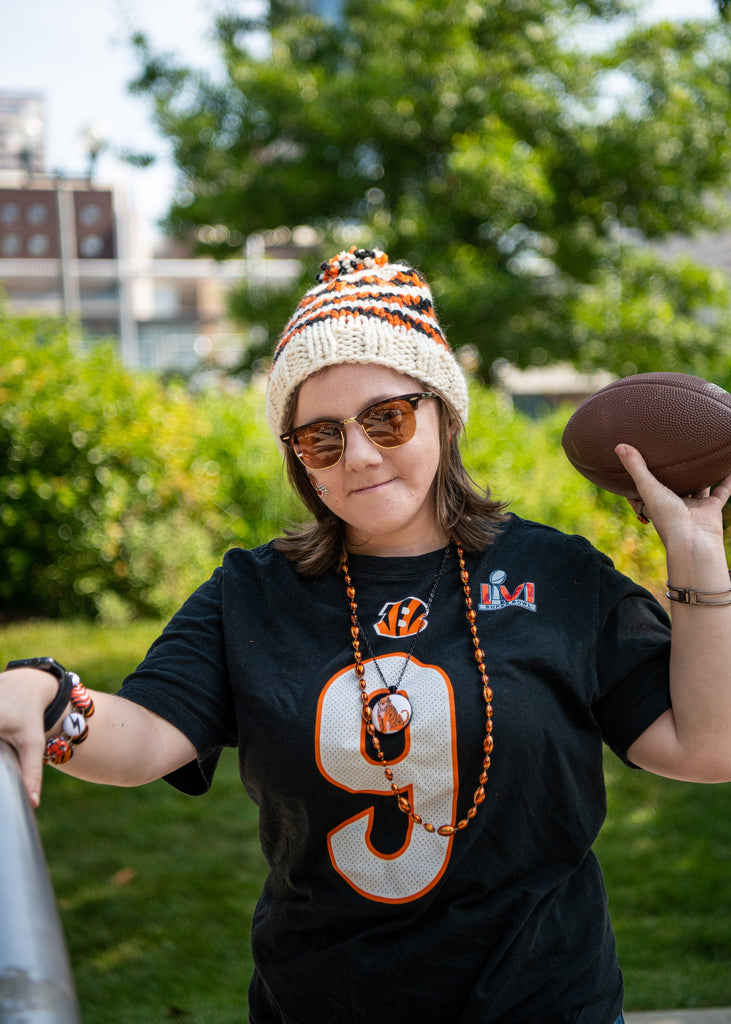 Football Knitted Beanie In Cincinnati Tiger Stripes