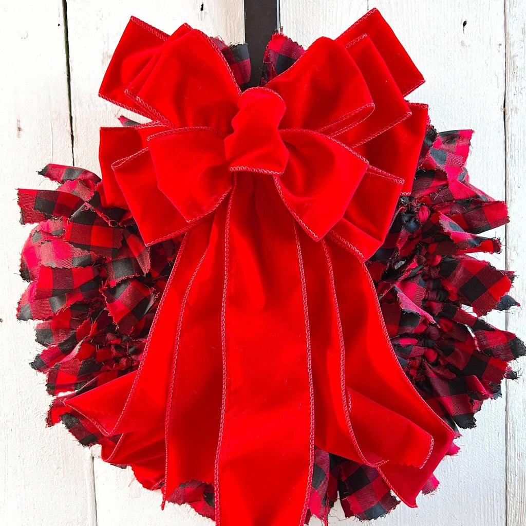 Rag Wreath - VELVET BOW - Buffalo Plaid Wreath