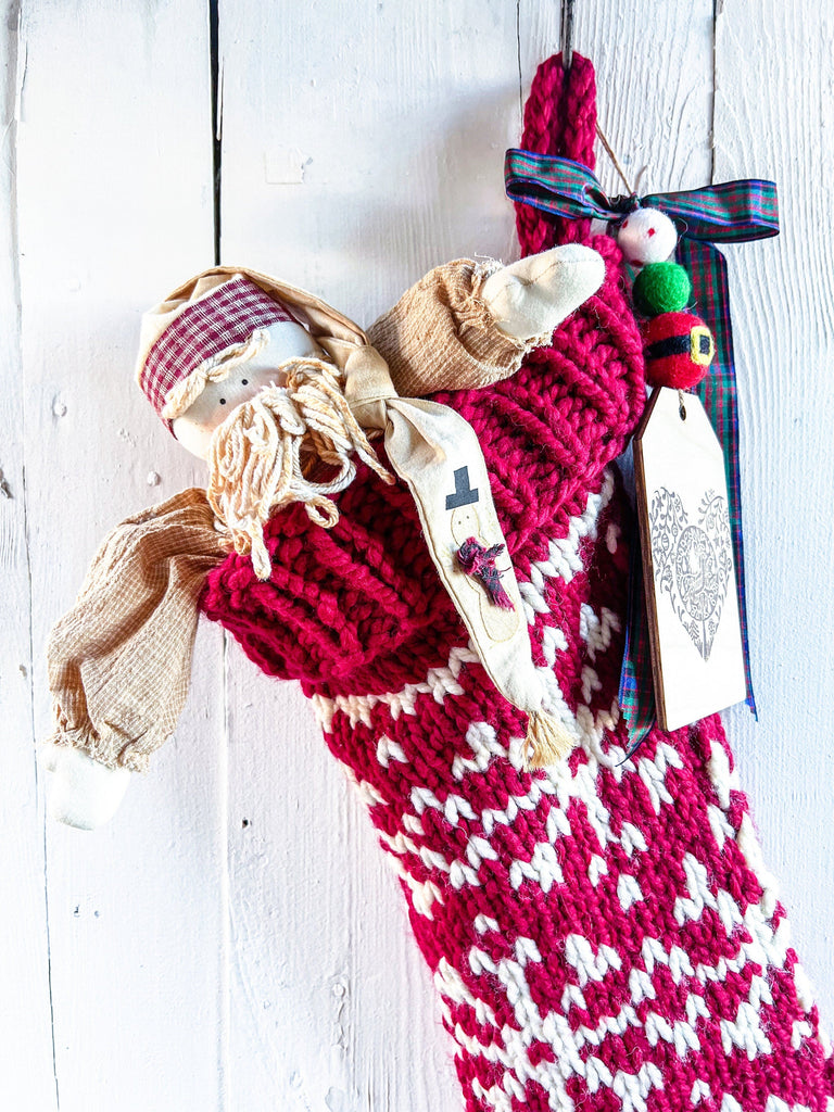 Red Snowflake Christmas Stocking - Knitted Farmhouse Decor