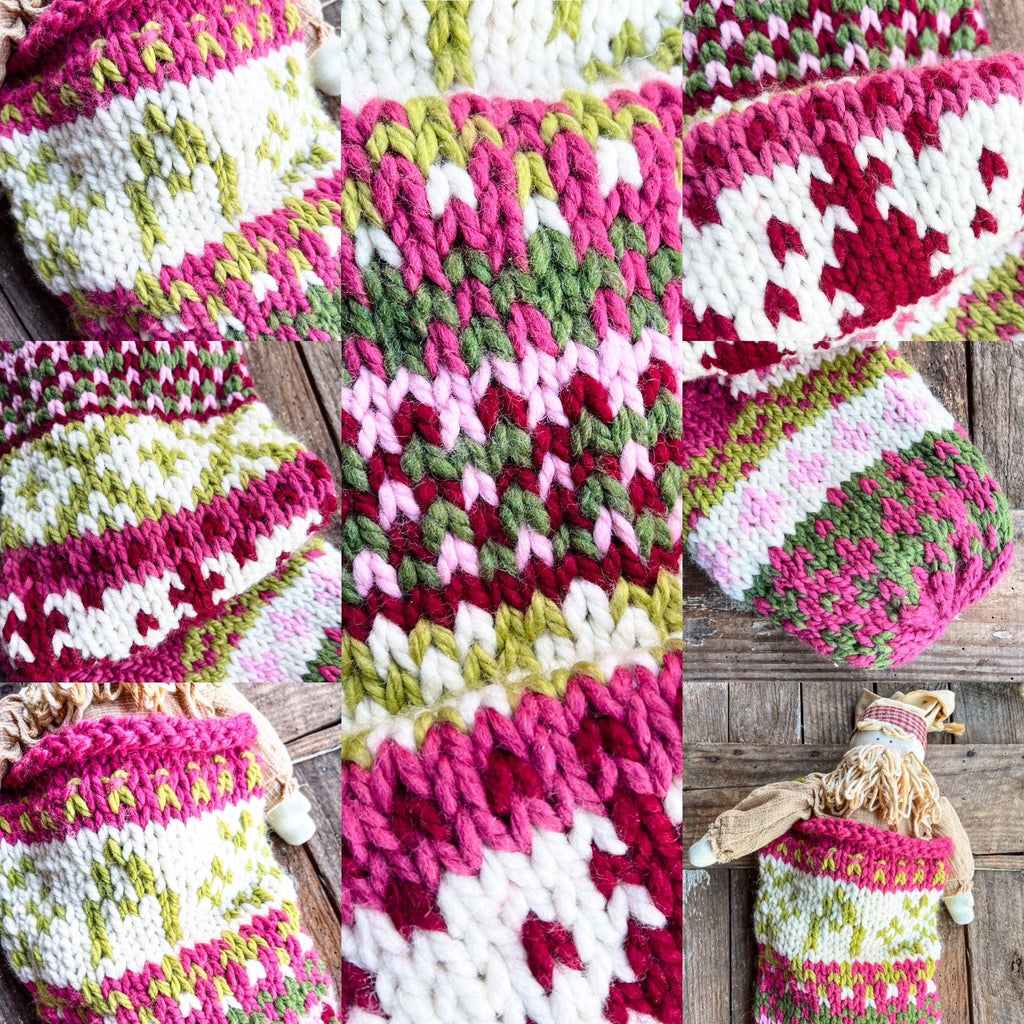 Chunky Hand Knit Holiday Stocking With Fair Isle Detail 